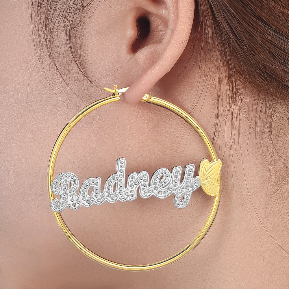 Butterfly Two Tone Personalized Custom Gold Plated Name Hoop Earrings-silviax