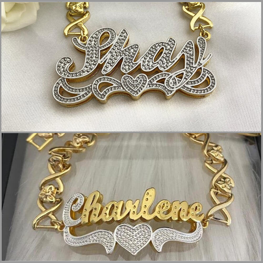 Double Layer Two-tone Heart With XOXO Chain Personalized Custom Gold Plated Name Bracelet and  Name Necklace Set-silviax