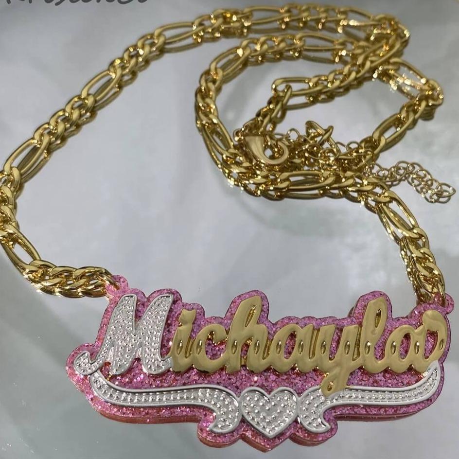 Double Layer Pink Acrylic Two Tone Custom Gold Plated Name Necklace with Heart-silviax