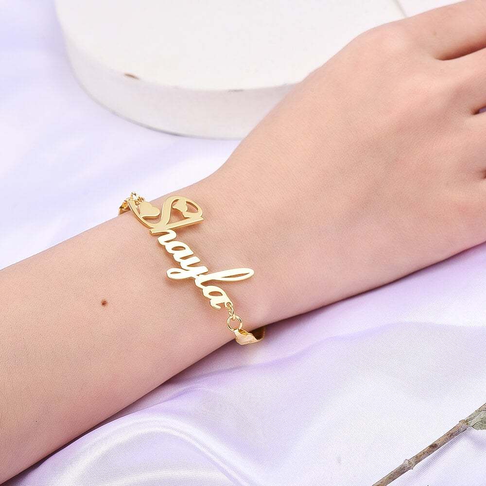 Heart Font Nameplate With Snake Chain Personalized Custom Gold Plated Name Bracelet-silviax