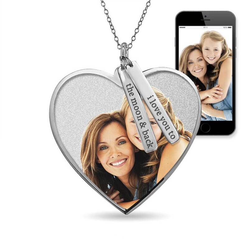 Heart Photo Pendant with Engraved Bar Personalized Custom White Gold Photo Necklace-silviax
