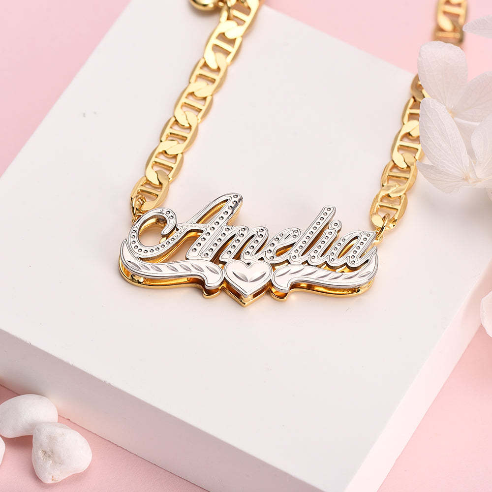 Mariner Chain with Heart Personalized Double Layer Heart Name Necklace-silviax