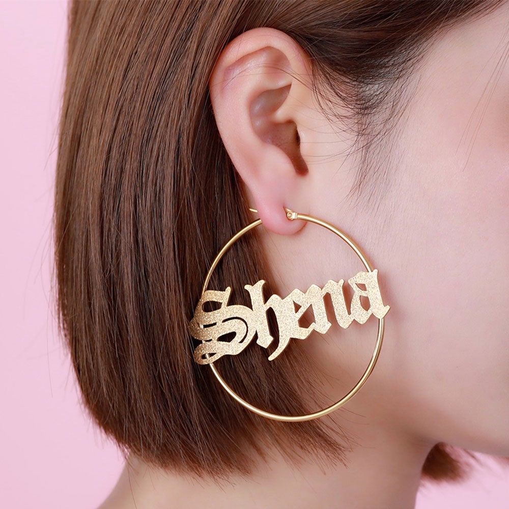 Gold Plated Personalized Sparkling Name Hoop Earrings-silviax
