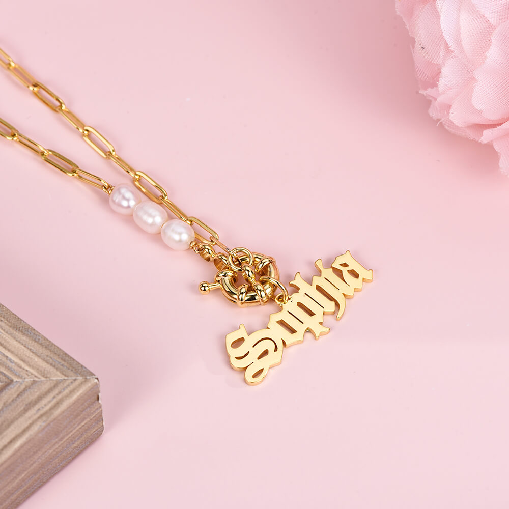 Lattice Chain And Pearl Chain Paper Clip Buckle Personalized Custom Gold Plated Name Necklace-silviax