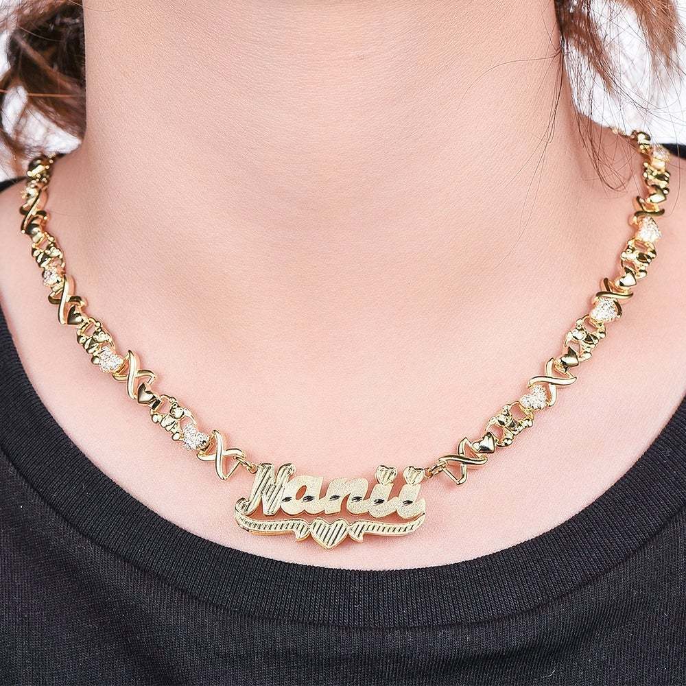 Custom Teddy XOXO Chain Double Layer Heart Name Necklace and Heart Name Bamboo Earrings Set-silviax