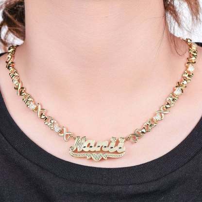 Custom Teddy XOXO Chain Double Layer Heart Name Necklace and Heart Name Bamboo Earrings Set-silviax