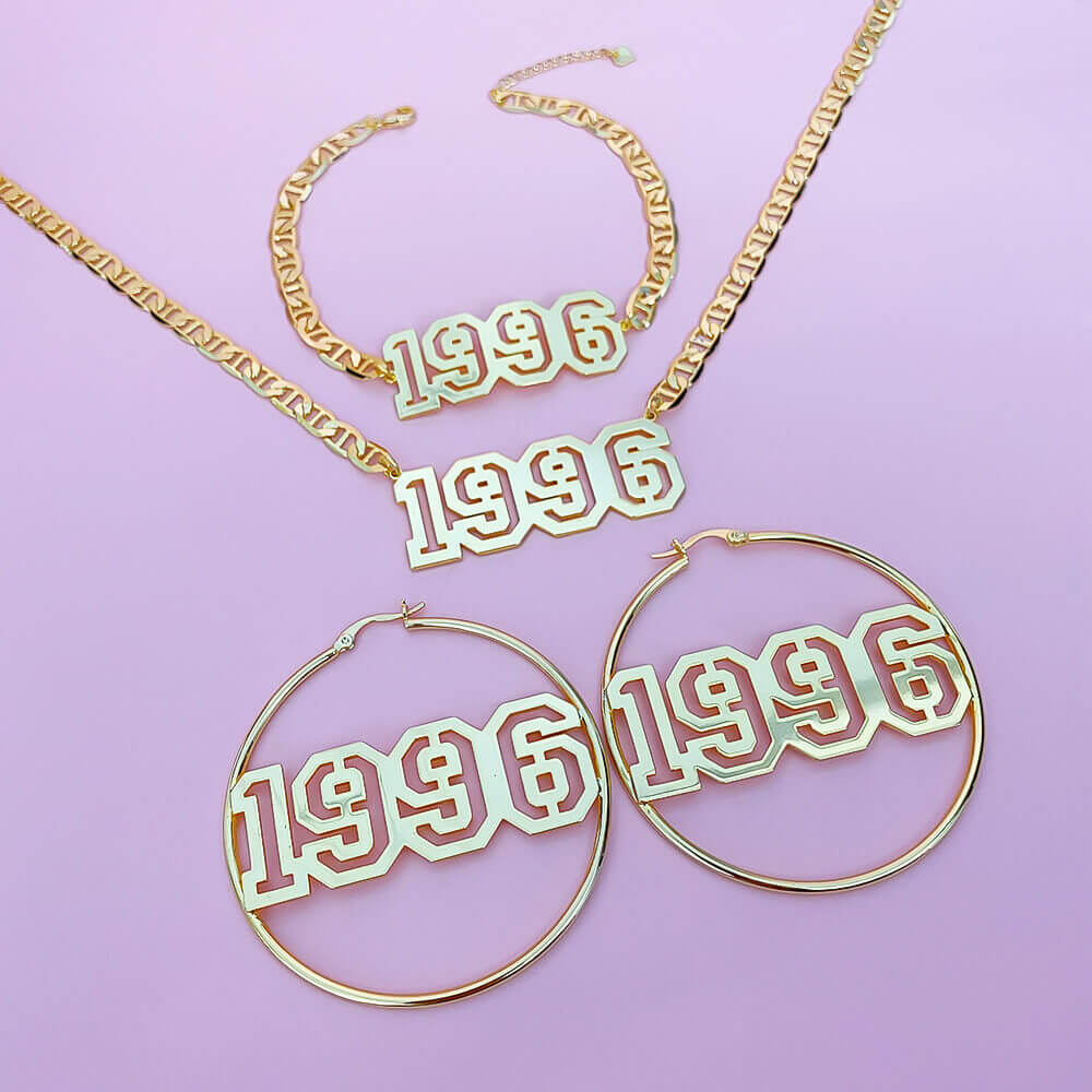 Hollow Number Year Necklace Bracelet And Earrings Personalized Custom Gold Plated Three Set Jewelry-silviax