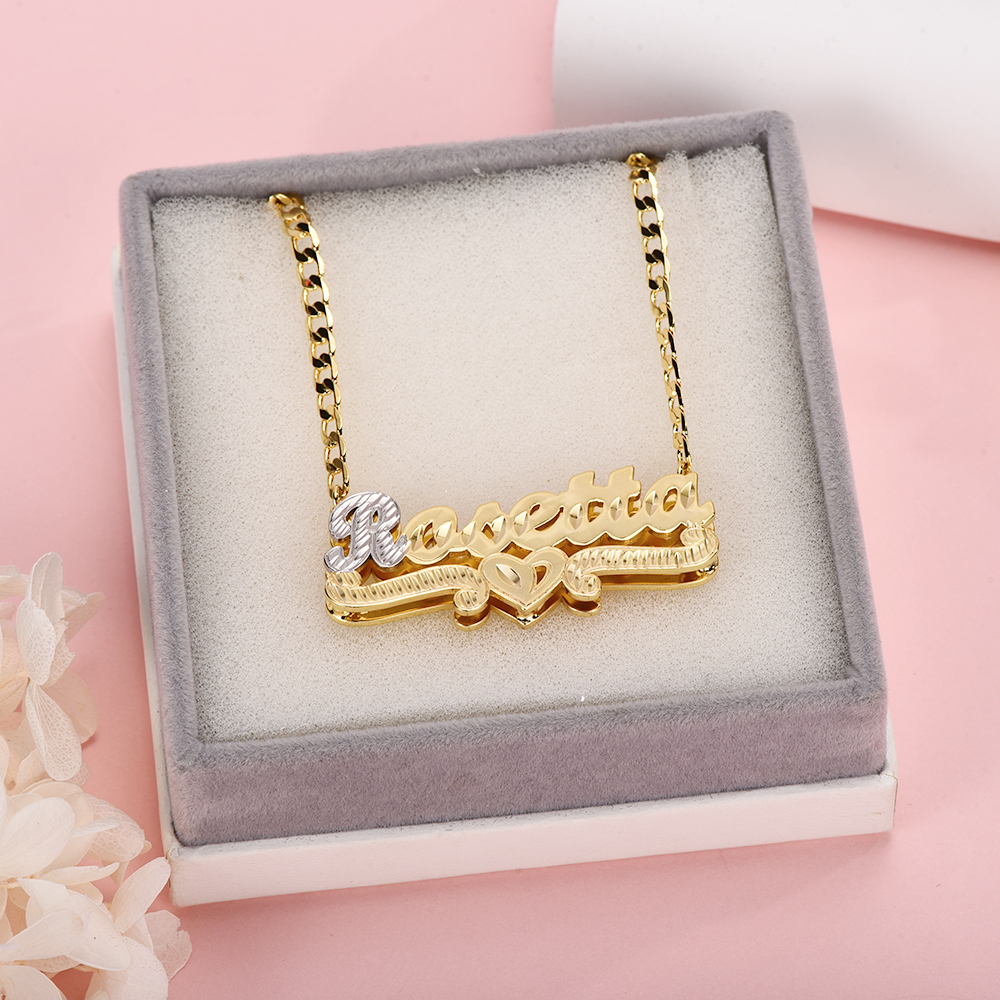 Double Layer Two Tone Nameplate Personalized Custom Gold Plated Name Necklace with Heart-silviax