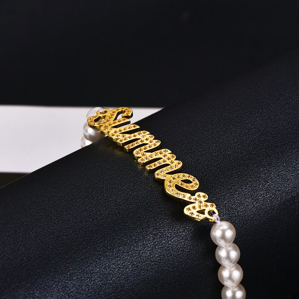 Inlaid Zircon Nameplate With Pearl Chain Personalized Custom Gold Plated Name Bracelet-silviax
