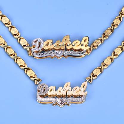 Double Layer Two Tone Heart with XOXO Chain Personalized Custom Necklace And Bracelet Set-silviax