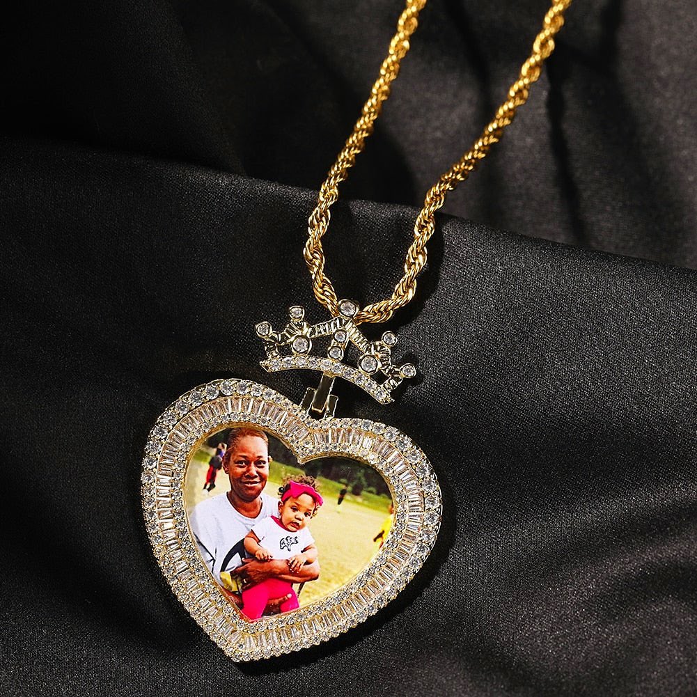 Princess Photo Chain Personalized Crown Heart Photo Pendant Necklace with Zircon-silviax