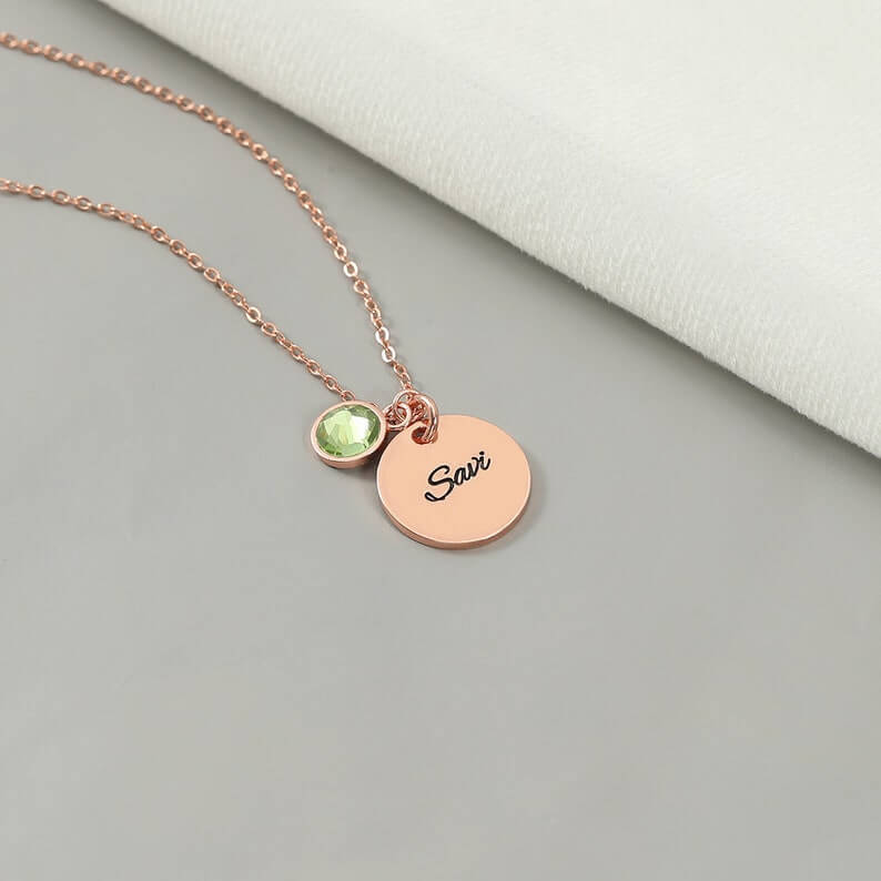 Round Pendant Engrave Name with Birthstone Personalized Custom Gold Plated Engraved Necklace-silviax