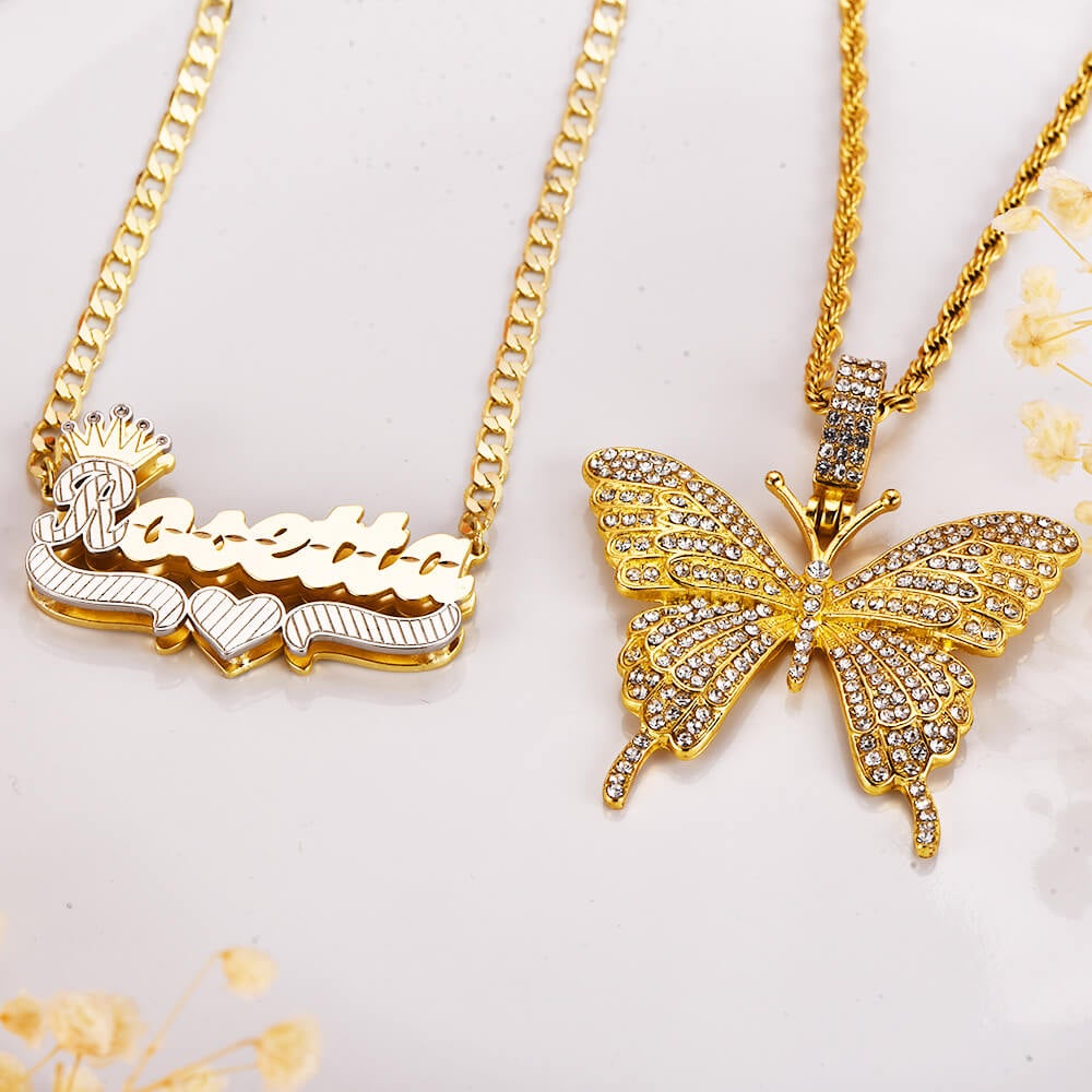 Butterfly Pendant Necklace and Double Layer Two-tone Personalized Name Necklace Set-silviax