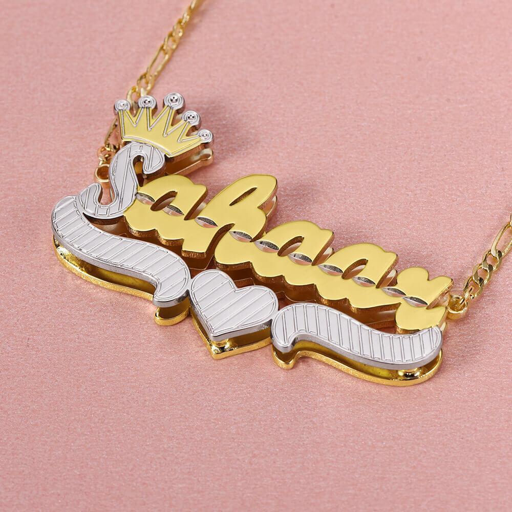 Double Layer Two Tone With Crown Heart Personalized Custom Gold Plated Name Necklace 4675