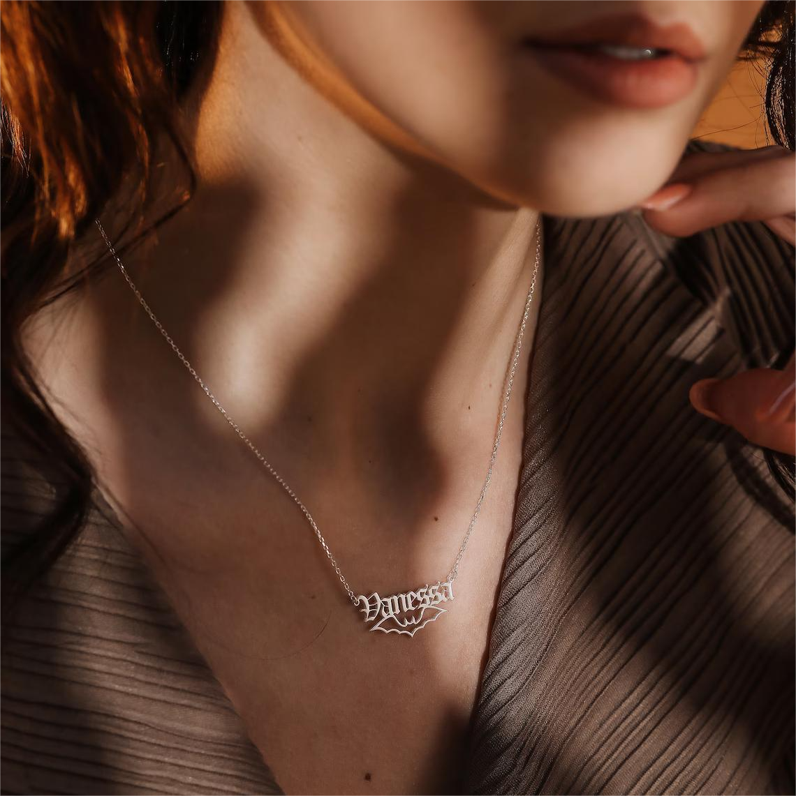 Halloween Gothic Tiny Bat Personalized Custom Gold Plated Name Necklace-silviax