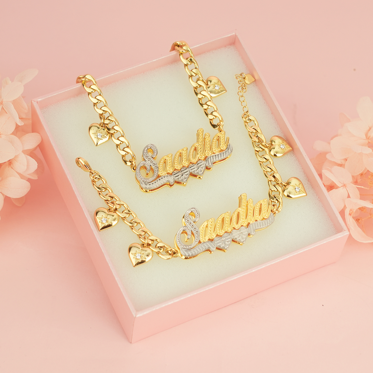 Double Layer Two Tone Two Hearts Nameplate Cuban Chain With Heart Personalized Custom Gold Plated Name Necklace And Bracelet Set