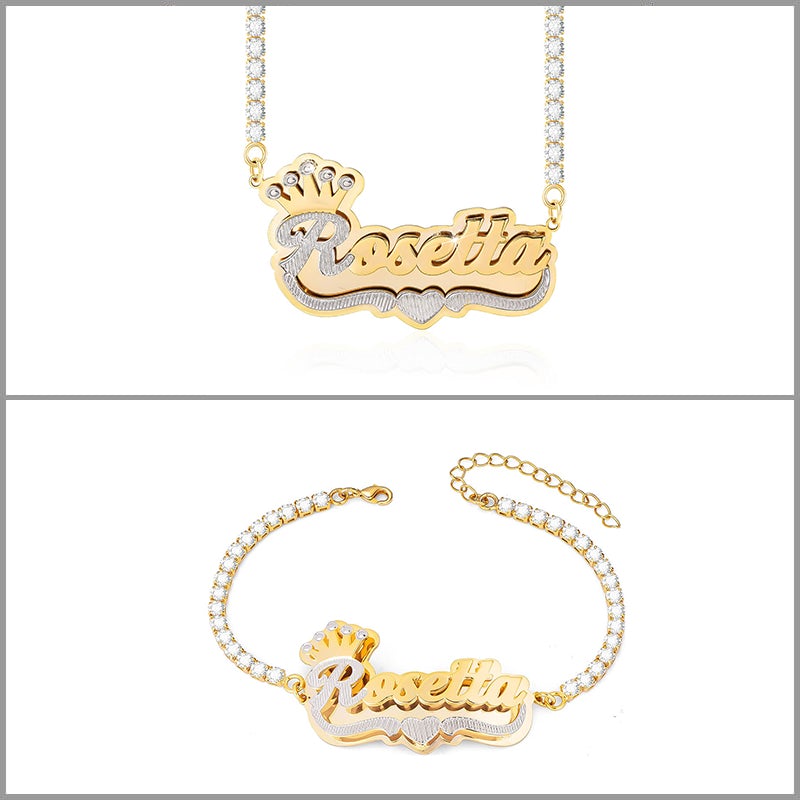 Double Plate Two Tone Nameplate with Tennis Chain Personalized Custom Gold Plated Name Necklace and Bracelet Set-silviax