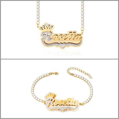 Double Plate Two Tone Nameplate with Tennis Chain Personalized Custom Gold Plated Name Necklace and Bracelet Set-silviax