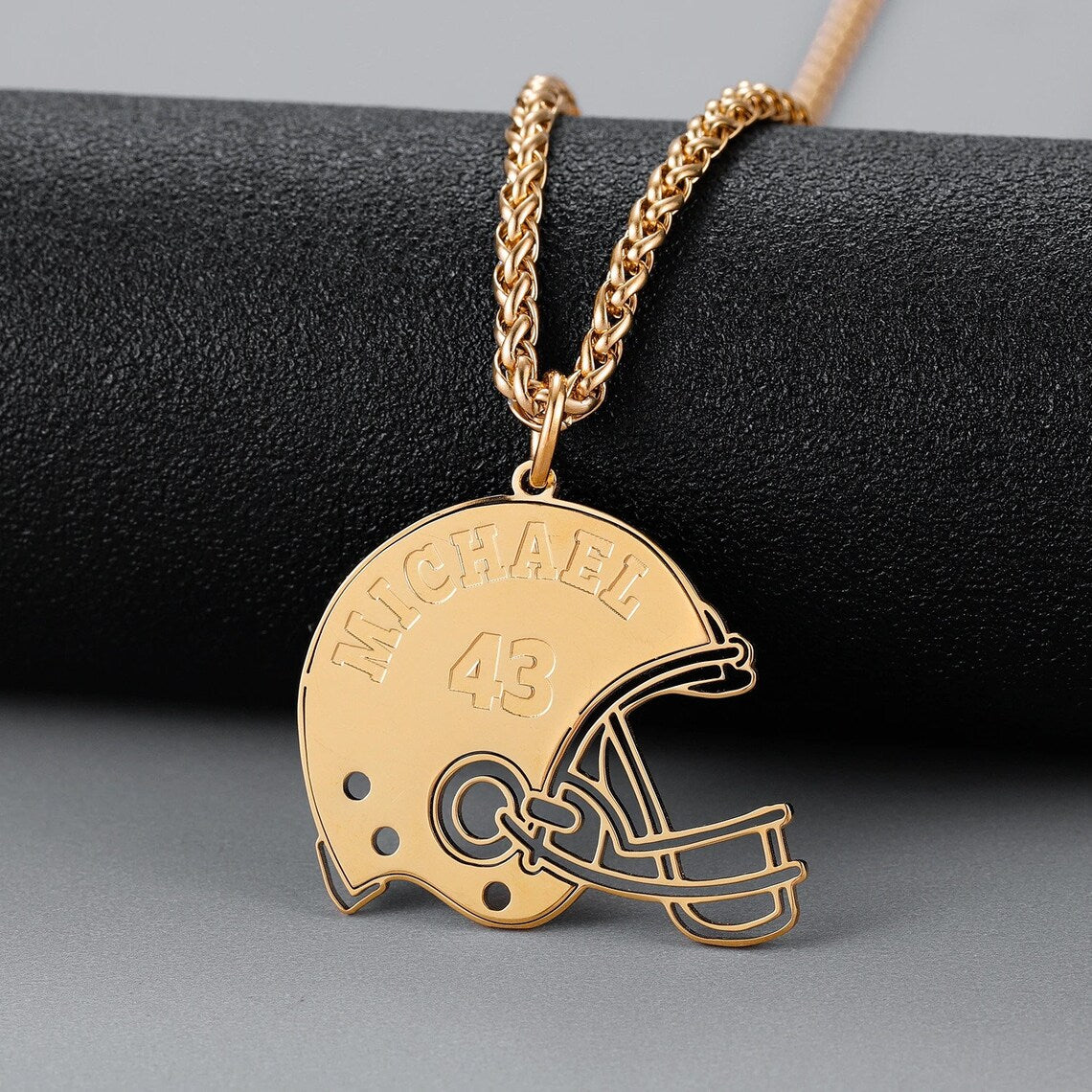 Gold Plate American Football Player Helmet Carved Custom Name Jersey Number Necklace-silviax