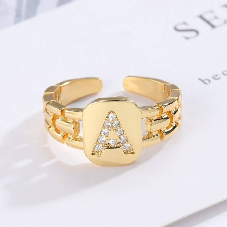 A-Z Letter Inlaid Zircon Open Watchband Square Ring Personalized Custom Initial Ring-silviax