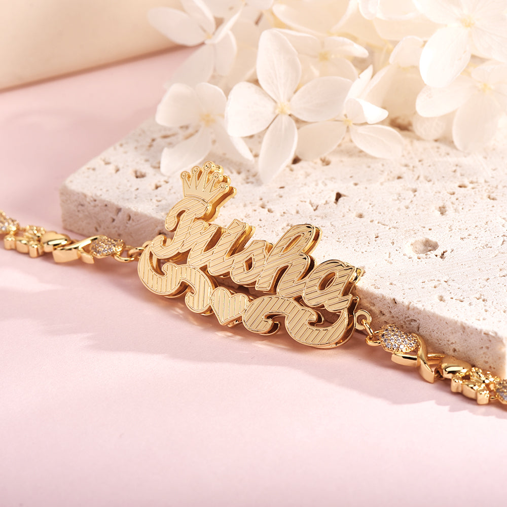 Teddy XOXO Chain Double Layer Crown Heart Personalized Custom Gold Plated Name Bracelet-silviax
