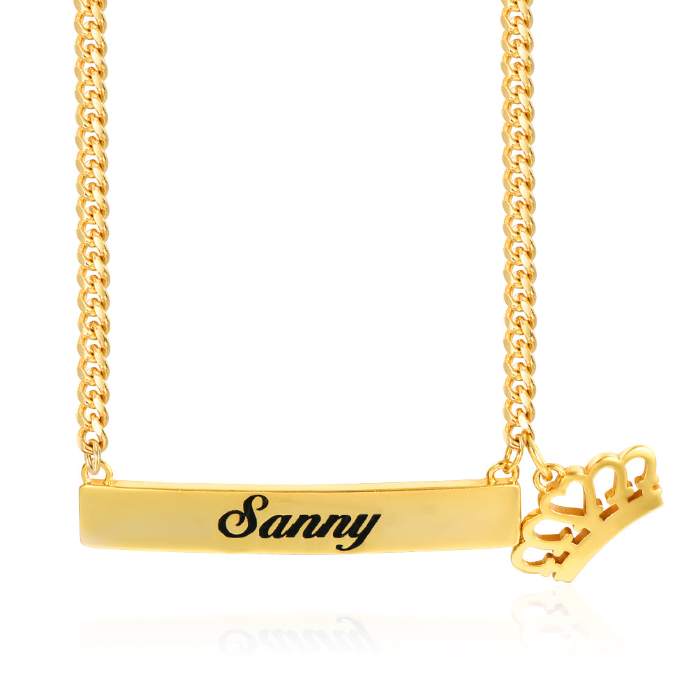 Gold Plated  Personalized Engraved Bar Name Necklace with Crown Pendant-silviax