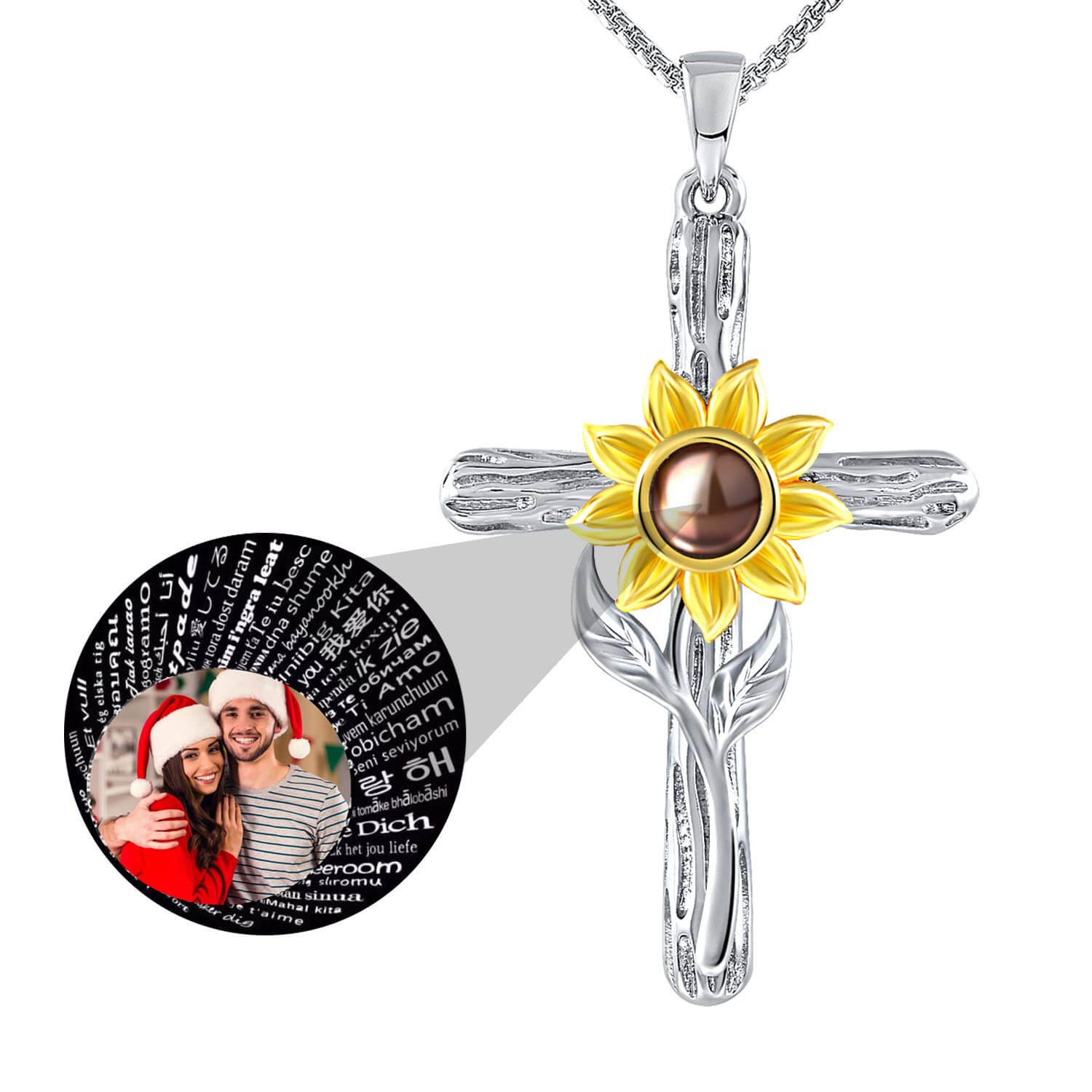 Sunflower Cross Pendant With Color Photo And 100 Languages "I Love You" Projection Personalized Custom Photo Necklace-silviax