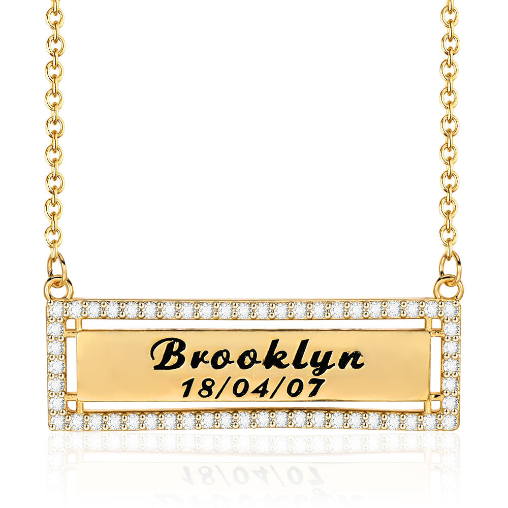 Name and Date Personalized Custom Horizontal CZ Bar Necklace-silviax