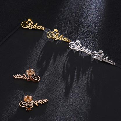 Gold Plated Personalized Name Earrings with Crown-silviax