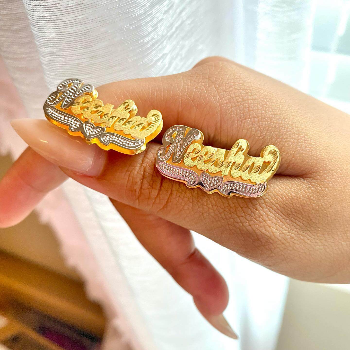 Double Plate Two Tone With Heart Personalized Custom Name Stud Earrings-silviax