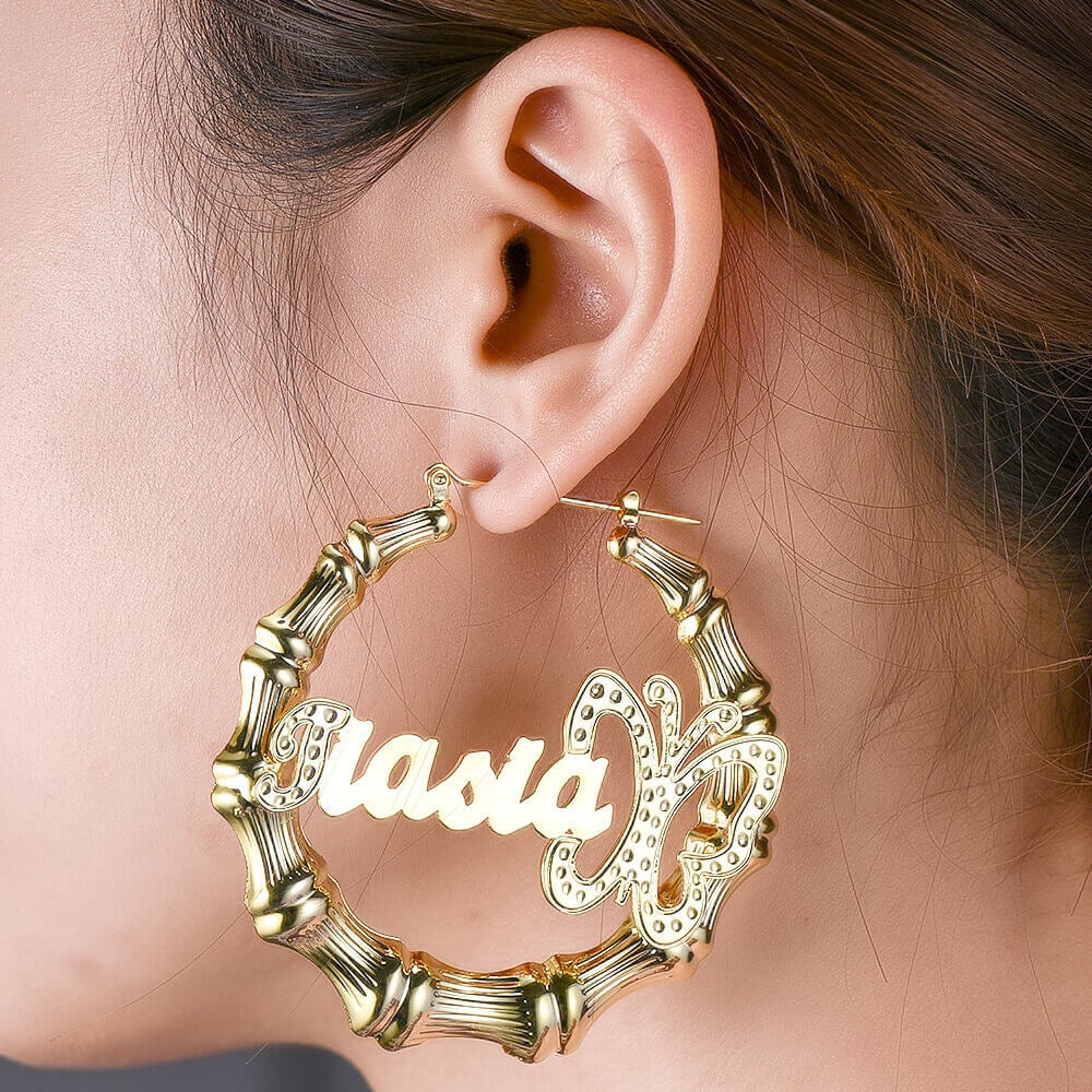 Butterfly Hoop Bamboo Personalized Custom Name Earrings Gold Plated-silviax