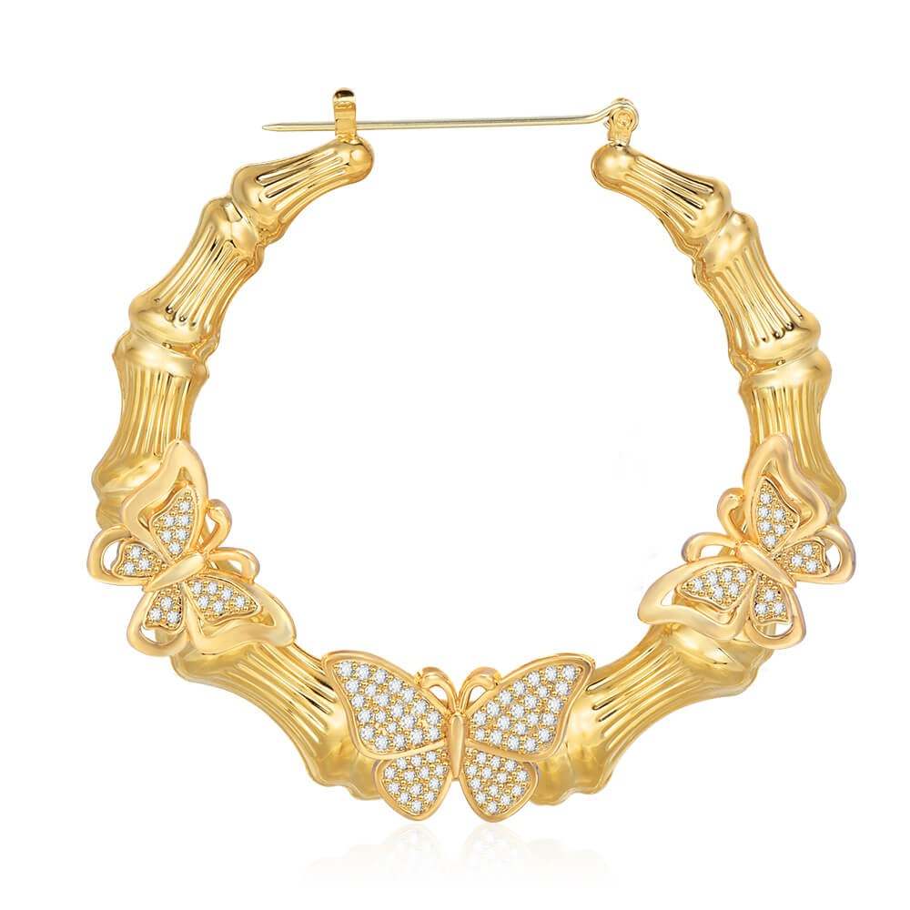 Bamboo Hoop With Butterfly Gold Plated Earrings 30mm/60mm Women Gift-silviax