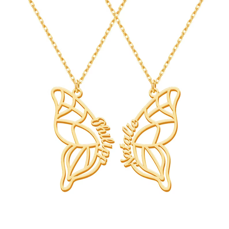 Two Butterfly Nameplate Personalized Custom Gold Plated Name Necklace Couple Necklace BFF Gifts-silviax