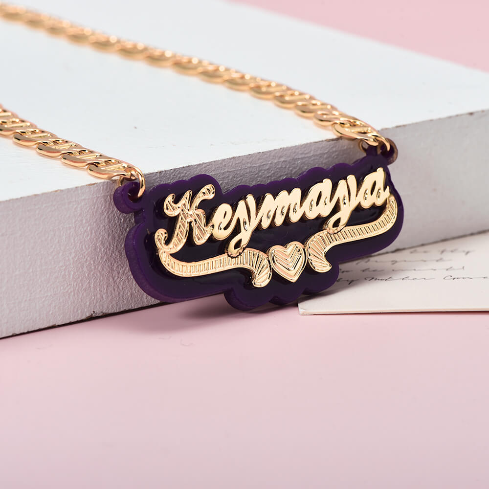 Purple Acrylic with Heart Double Layer Personalized Custom Gold Plated Name Necklace-silviax