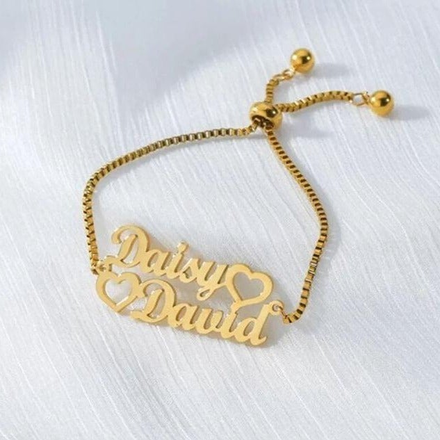 Two Hearts Couple Personalized Custom Gold Plated Name Bracelet-silviax