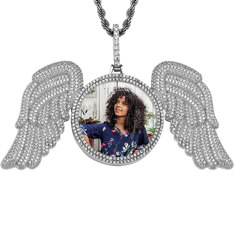 Angel Wings Round Pendant Photo Necklace Gold Plated-silviax
