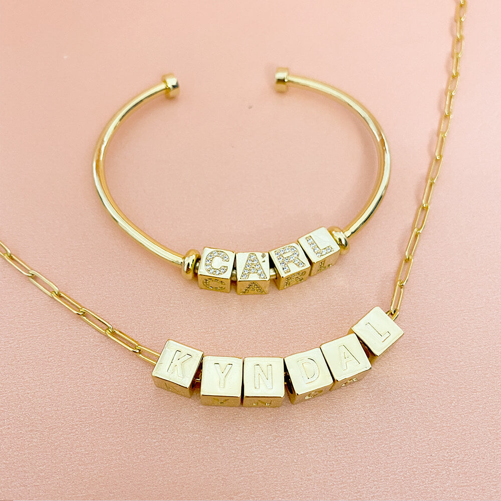 Cube Bead Letter Personalized Custom Gold Plated Name Necklace Bracelet Set-silviax