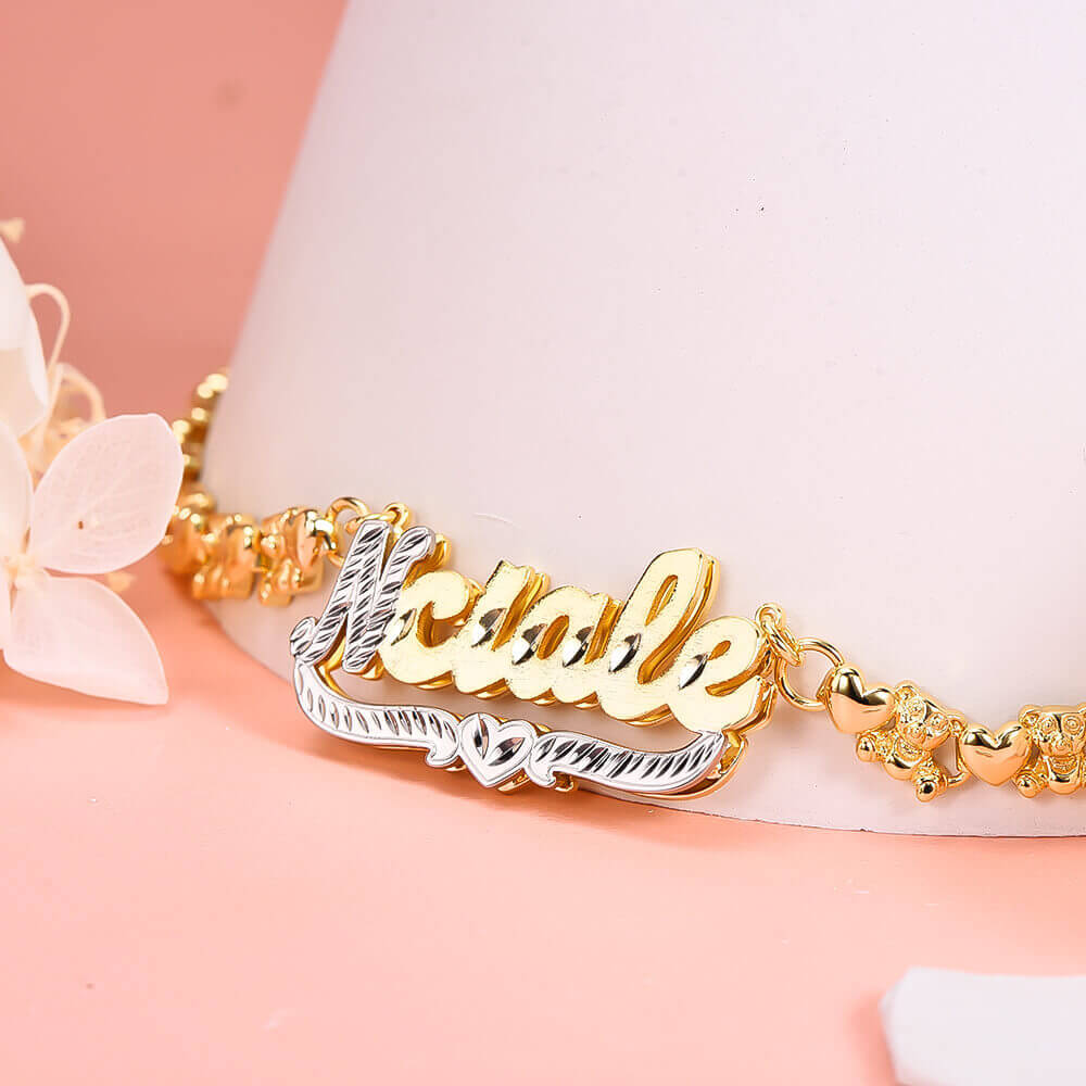 Double Layer Two Tone Teddy Bear XOXO Chain with Heart Personalized Custom Gold Plated Name Necklace and Bracelet Set-silviax