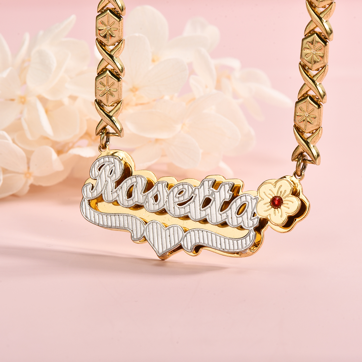Flower Birthstone and Heart Double Plate Two Tone with XOXO Chain Personalized Custom Gold Plated Name Necklace Bracelet Set-silviax