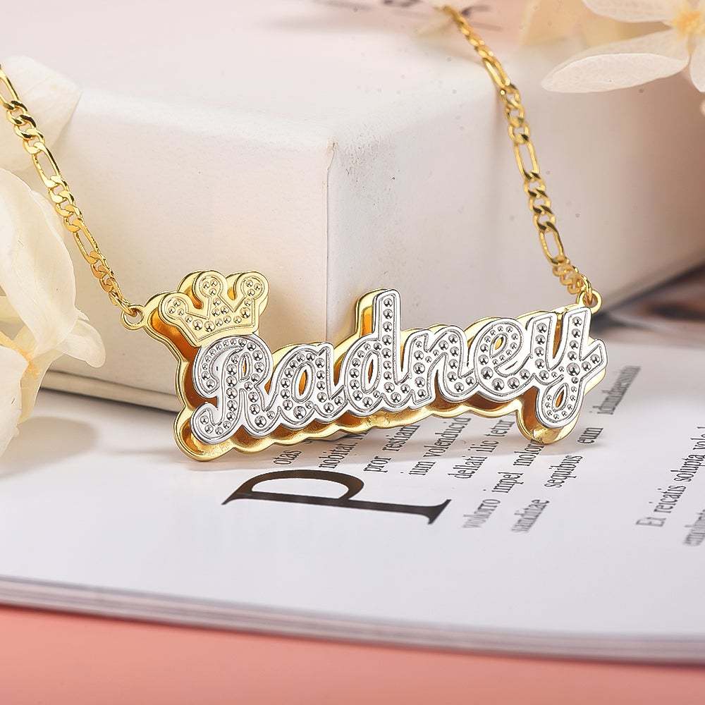 Crown Two Tone Custom Name Bracelet Earrings and Double Plate Necklace Set Gold Plated-silviax