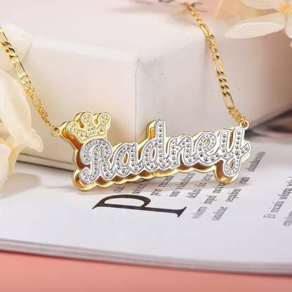 Crown Two Tone Custom Name Bracelet Earrings and Double Plate Necklace Set Gold Plated-silviax