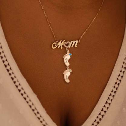 1 to 5 Baby Foot Mom Name Birthstones Gold Plated Personalized Custom Family Necklace