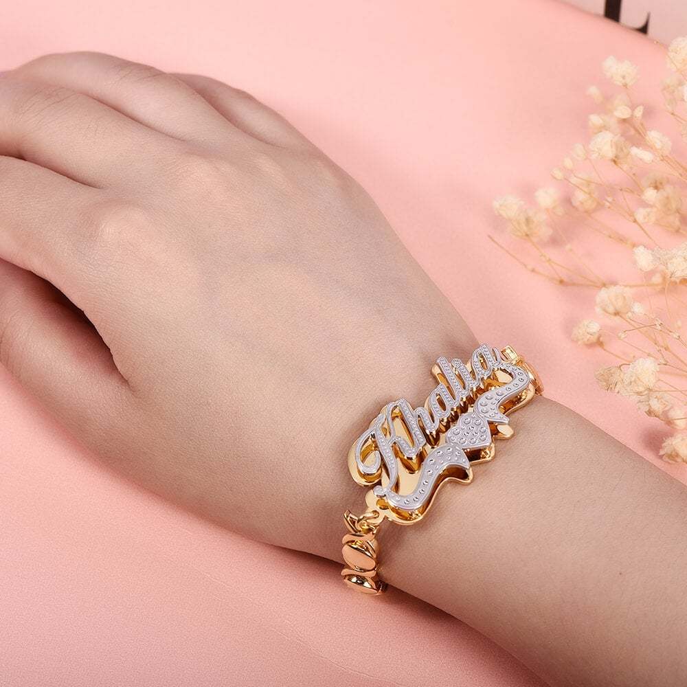 Double Plate Two Tone Heart Nameplate Personalized Custom Gold Plated Name Bracelet XOXO Chain-silviax