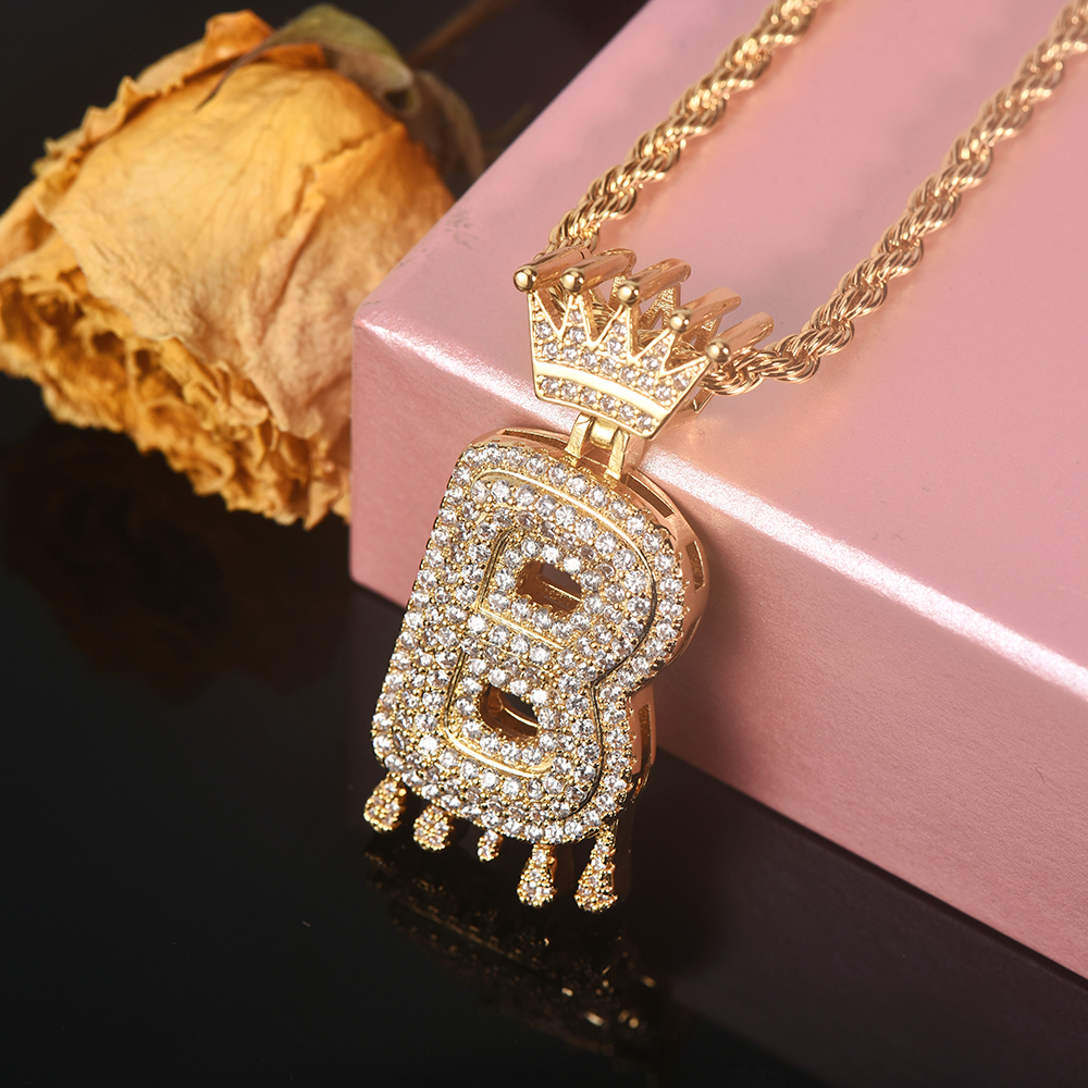 Gold Plated Crystal Dripping Crown Letter Initial Necklace-silviax