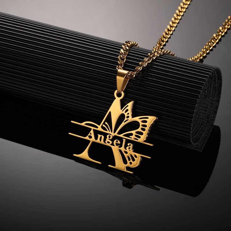 Butterfly Big First Letter Personalized Custom Gold Plated Name Necklace Choker Necklace-silviax