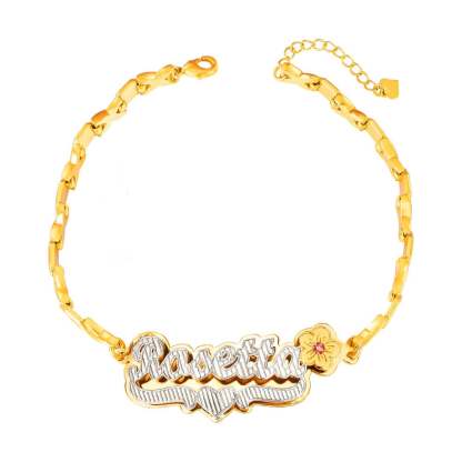 Double Plate Two Tone Birthstone Flower and Heart with XOXO Chain Personalized Custom Gold Plated Name Bracelet-silviax