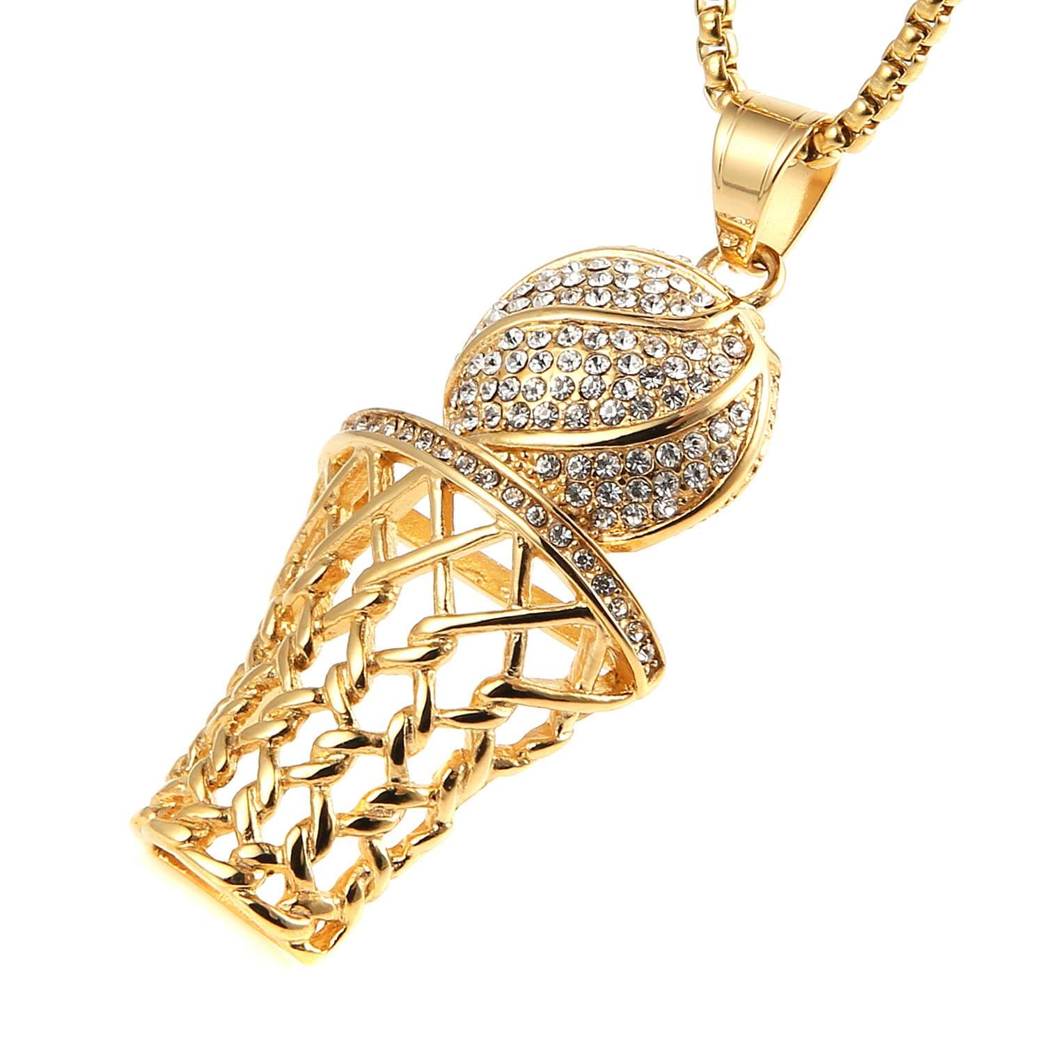 Basketball Rim Inlay Zircon Pendant Gold Plated Necklace Hip Hop Style Jewelry-silviax