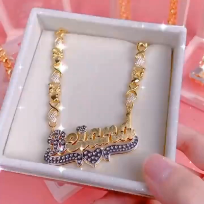 Teddy Heart XOXO Chain Double Layer Two Tone with Heart Personalized Custom Gold Plated Name Necklace