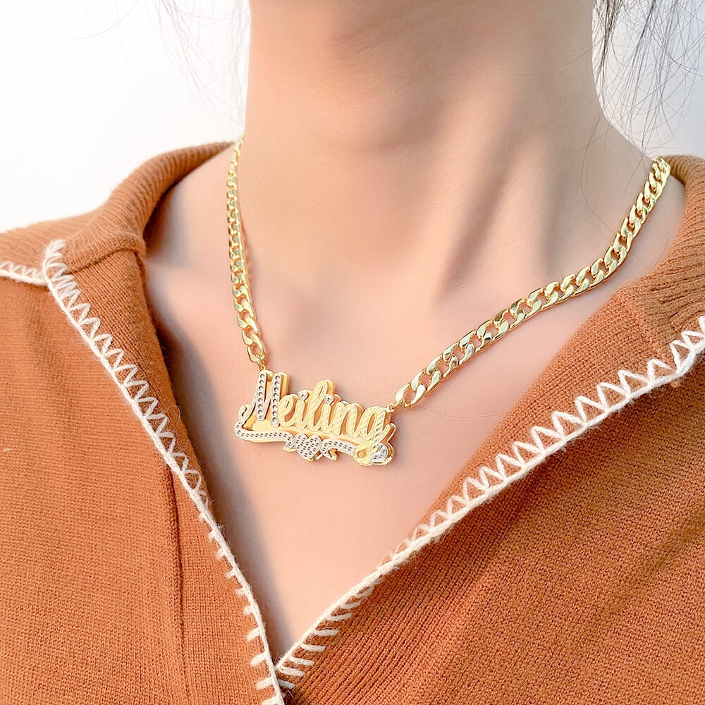 Double Plate Two Tone Heart Nameplate Pendant With Cuban Chain Personalized Custom Gold Plated Name Necklace-silviax