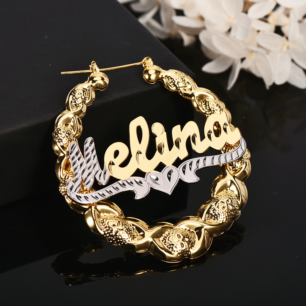Two Tone XOXO Bamboo Earrings with Heart Personalized Custom Gold Plated Name Earrings-silviax